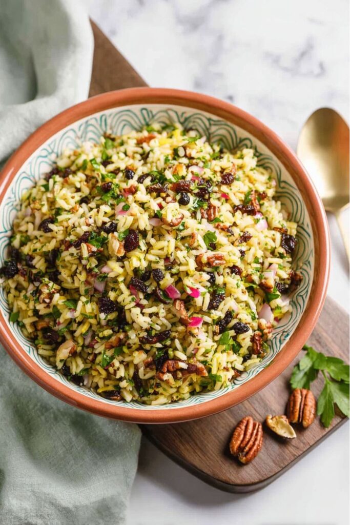 A bowl of long grain and wild rice salad with pecans, perfect picnic side dishes.