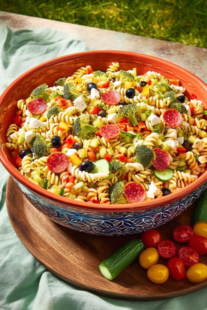 A bowl of colorful rotini pasta salad with broccoli and pepperoni, a great picnic food.