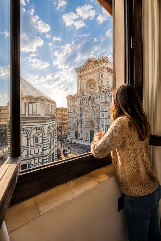 Window view over Piazza del Duomo Florence from B&B Soggiorno Battistero for Florence Hotels with Duomo Room Views