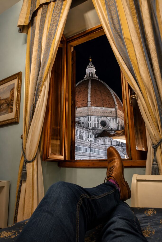 Nighttime Duomo Florence window view from Hotel Bigallo for Florence Hotels with Duomo Room Views
