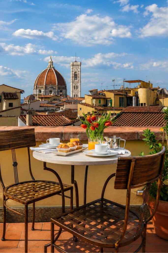 Rooftop breakfast terrace at Hotel L’Orologio for Florence Hotels for First-Timers near duomo florence