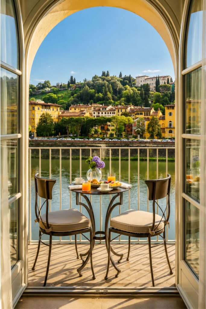 Riverfront balcony at Hotel Balestri WTB for Florence Hotels for First-Timers in Florence