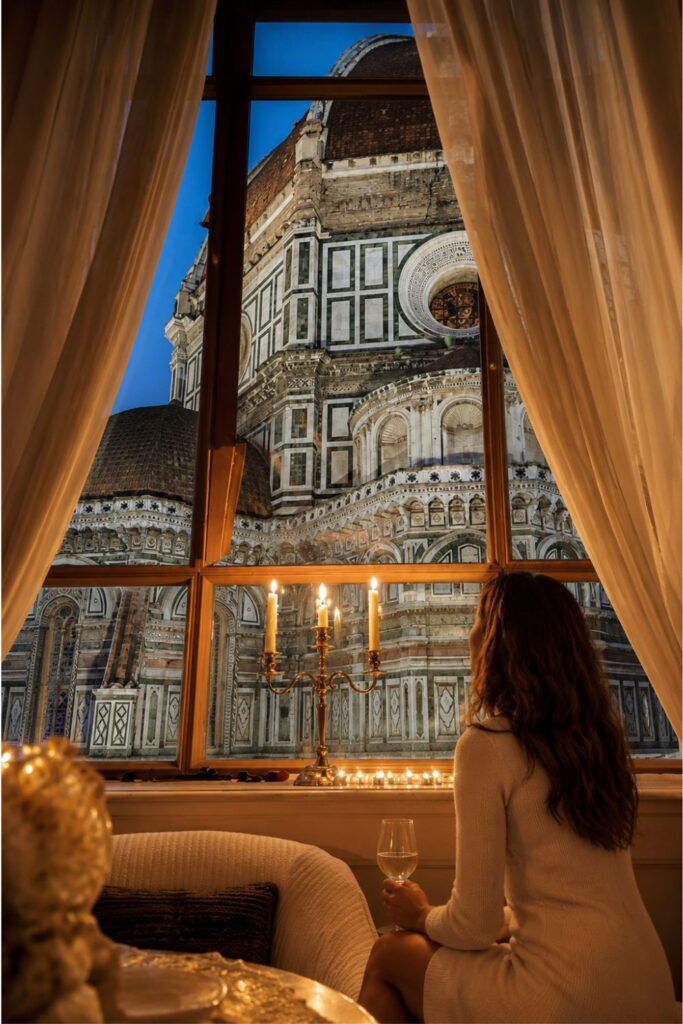 Candlelit Duomo Florence window view at Palazzo Niccolini al Duomo for Florence Hotels with Duomo Room Views