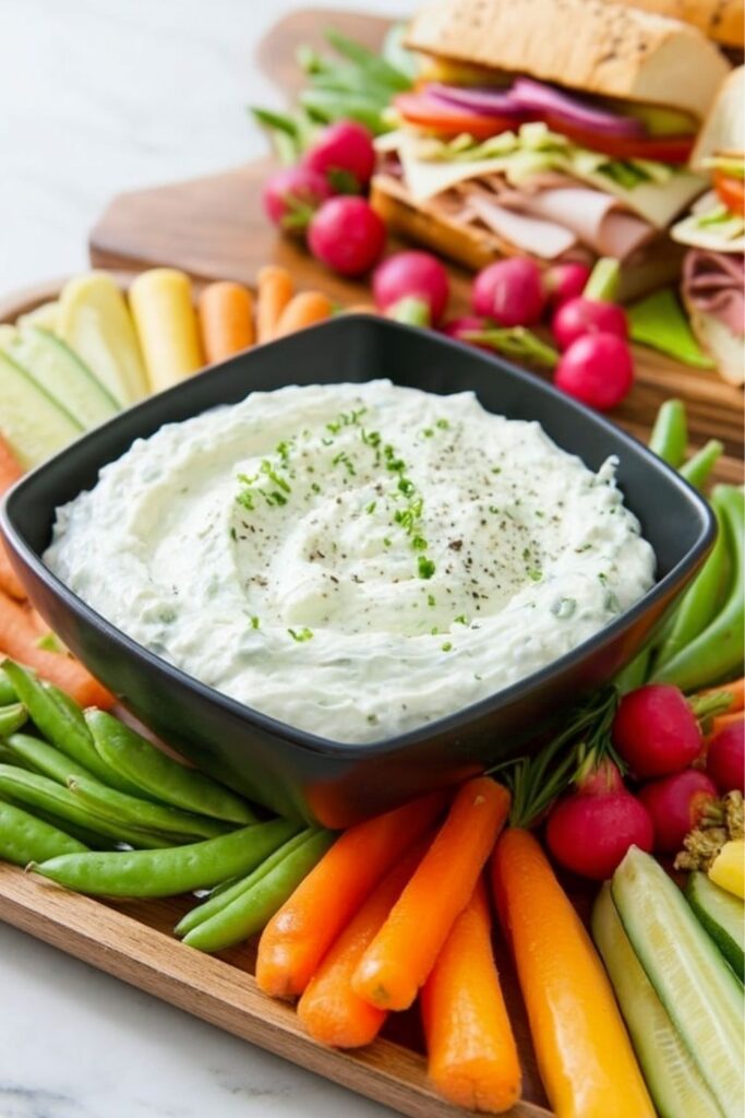 A black bowl of chive dip surrounded by carrots, radishes, and cucumbers next to subs.