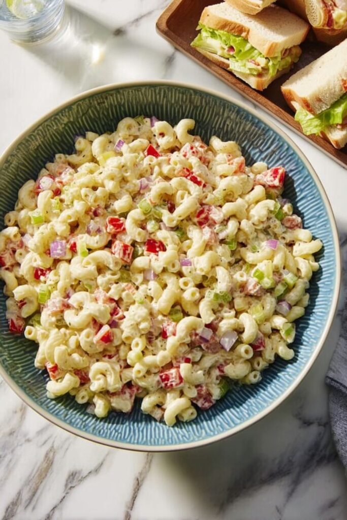 A blue bowl filled with creamy macaroni salad next to turkey sandwiches on a tray.