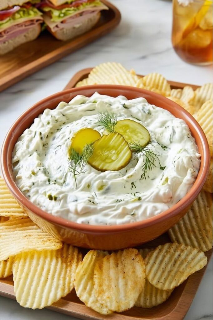 A bowl of creamy dill pickle dip topped with pickle slices, surrounded by ruffled potato chips.