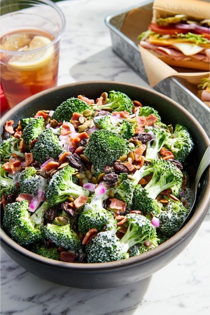 A dark bowl filled with creamy broccoli bacon salad next to a ham sub sandwich.