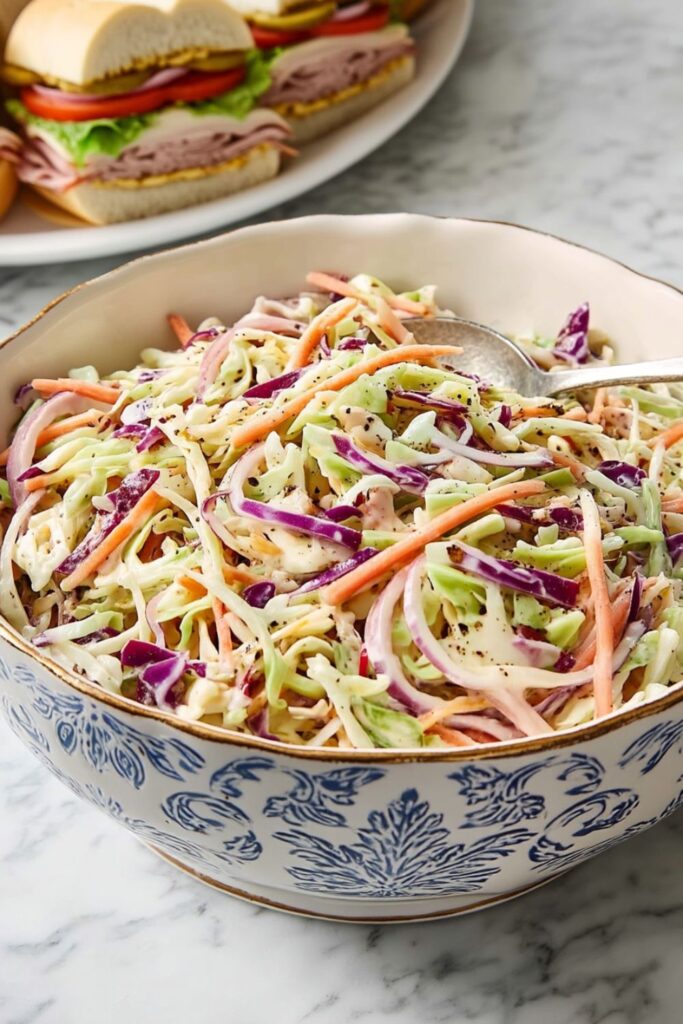 A decorative bowl of colorful coleslaw with red cabbage and carrots near ham subs.