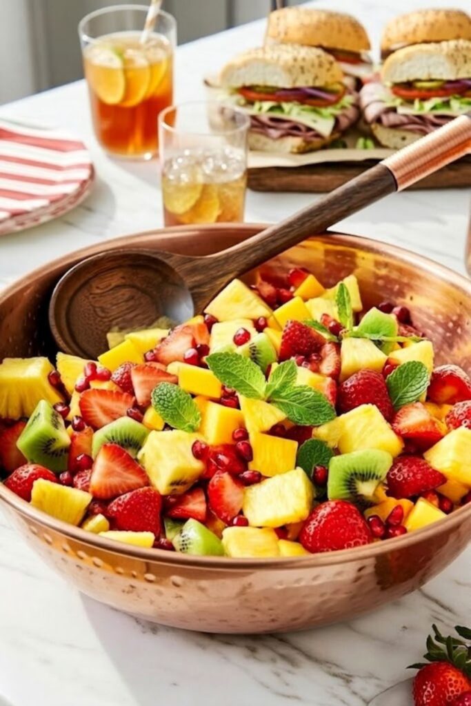 A copper bowl filled with colorful tropical fruit salad garnished with mint near sliced subs.
