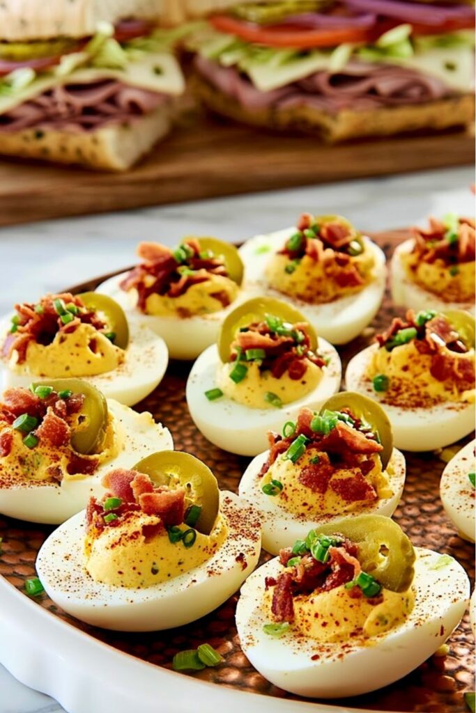 A white platter of deviled eggs topped with bacon and jalapeno slices near ham subs.