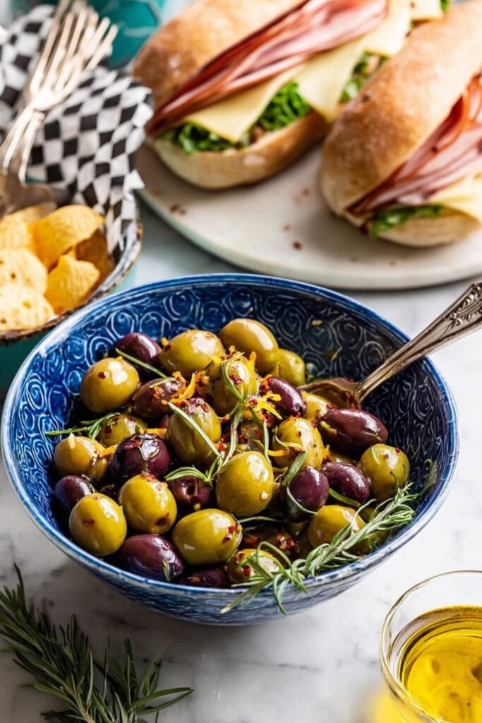 A blue bowl of marinated green and black olives with rosemary next to sub sandwiches.