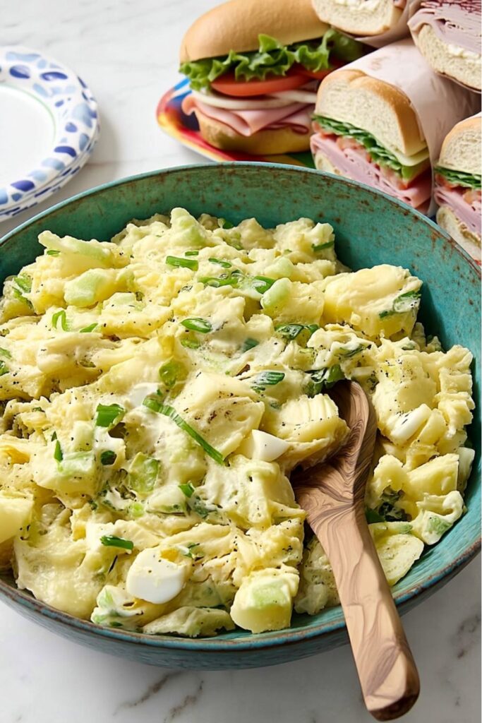 A turquoise bowl filled with chunky Southern potato salad garnished with green onions.