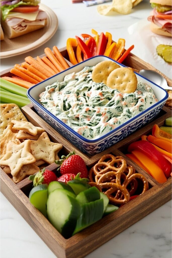 A wooden divider tray filled with spinach dip, crackers, pretzels, and sliced bell peppers near subs.