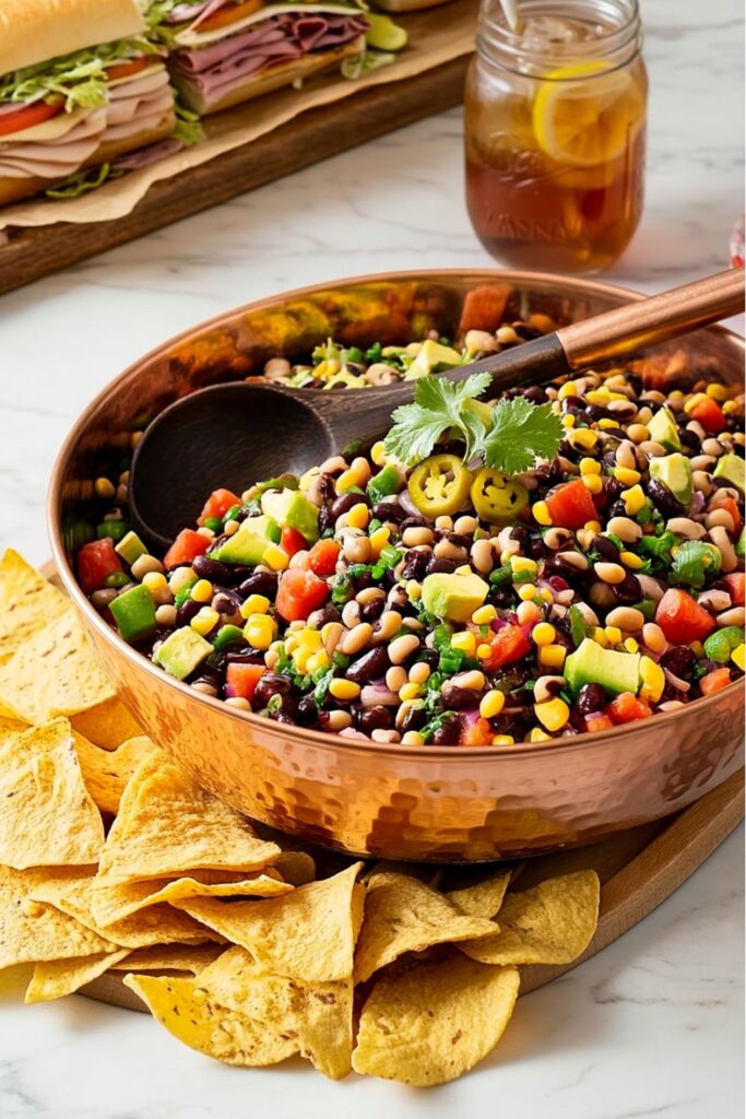 A copper bowl filled with colorful Texas caviar dip surrounded by crunchy tortilla chips.