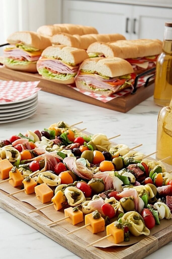 Wooden skewers threaded with tortellini, cheddar, tomatoes, and salami on a serving board near subs.