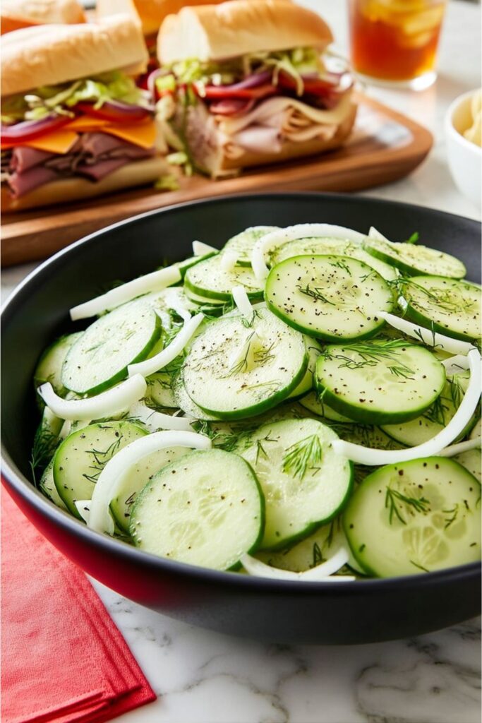A black bowl of thinly sliced cucumbers and white onions with fresh dill near subs.