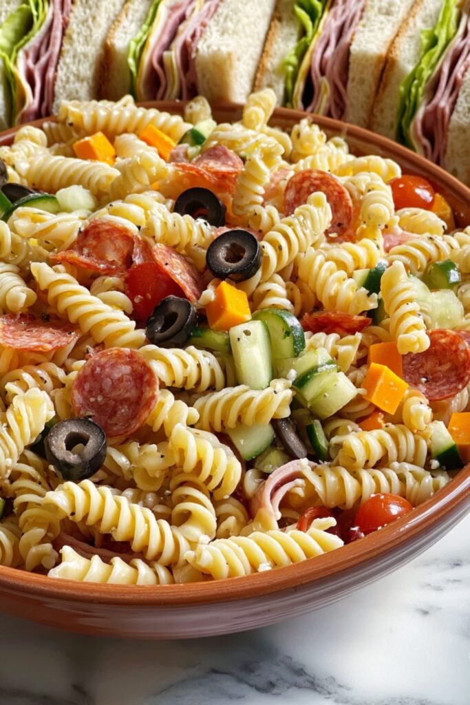 A close-up of colorful Italian pasta salad featuring pepperoni, olives, and cucumbers near sliced subs.