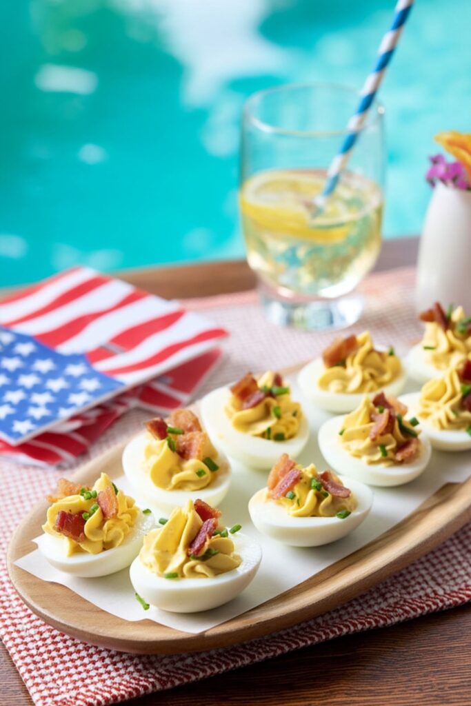 Deviled eggs with bacon and chives on a tray, a great 4th Of July Party Food.