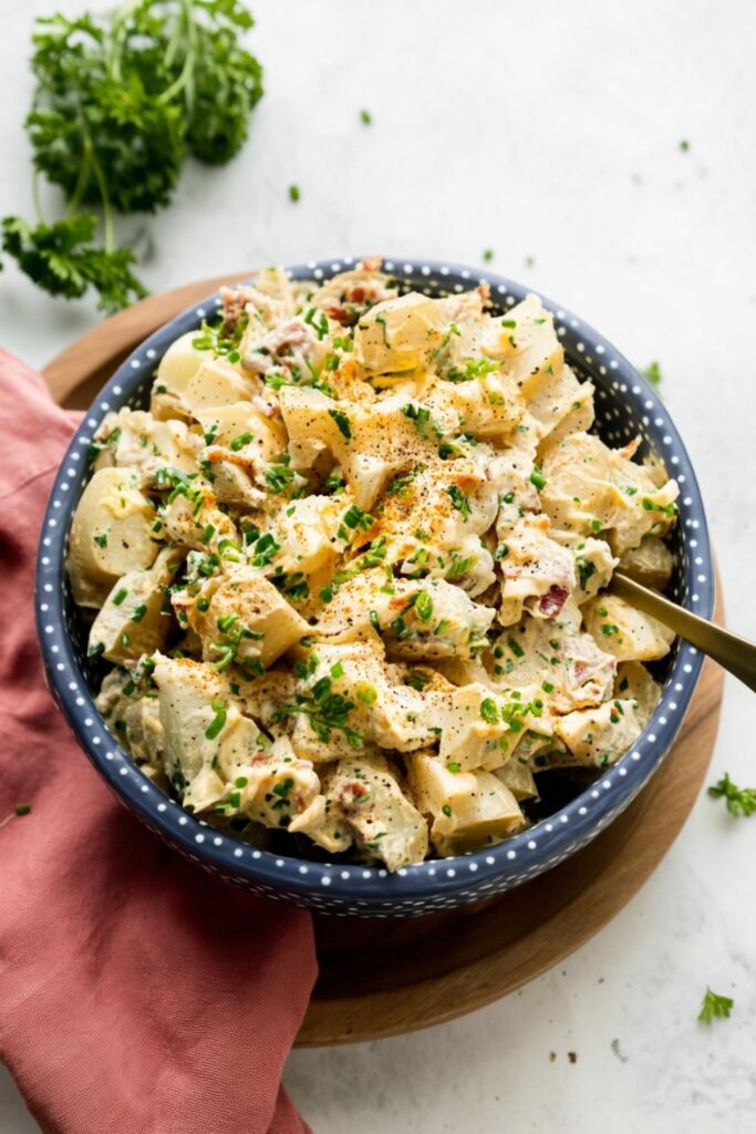 Creamy potato salad with bacon and chives, a top fourth of july food dairy free.