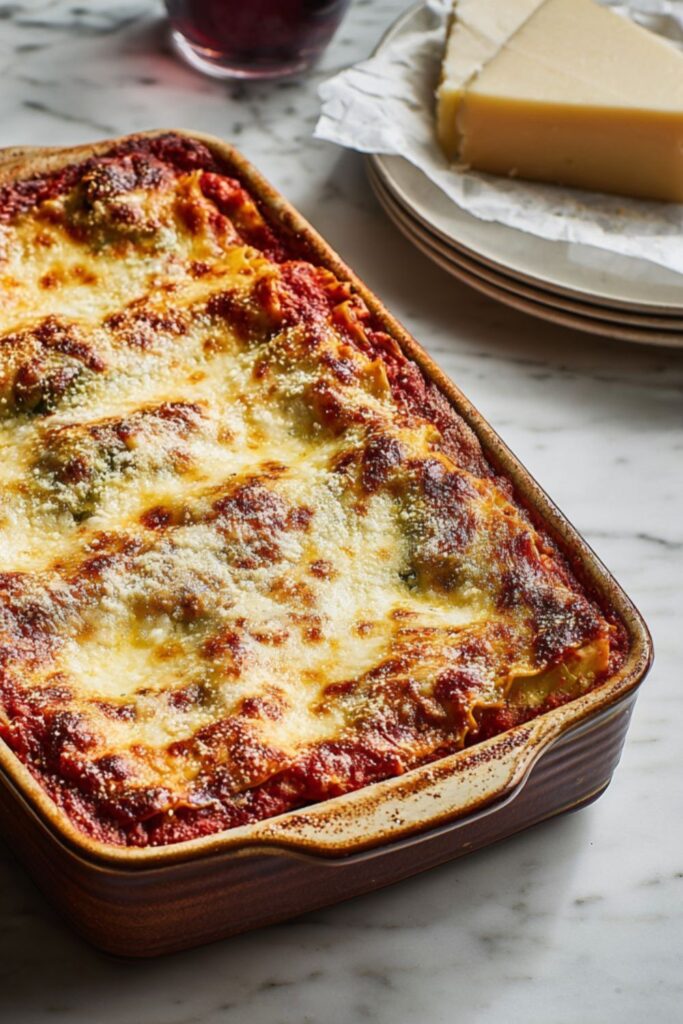 A bubbling tray of cheesy baked lasagna, a centerpiece of traditional Italian dishes.
