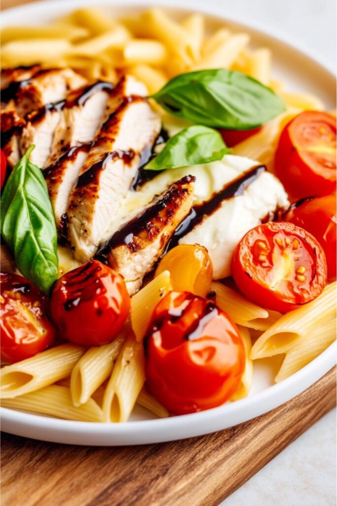 Grilled balsamic chicken over penne with tomatoes and basil, a centerpiece of italian-inspired meals.