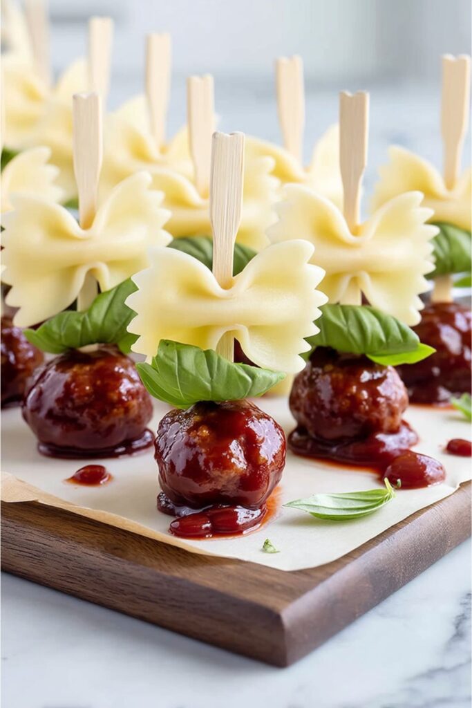 Skewers holding a glazed meatball, fresh basil leaf, and bowtie pasta on a wooden tray.