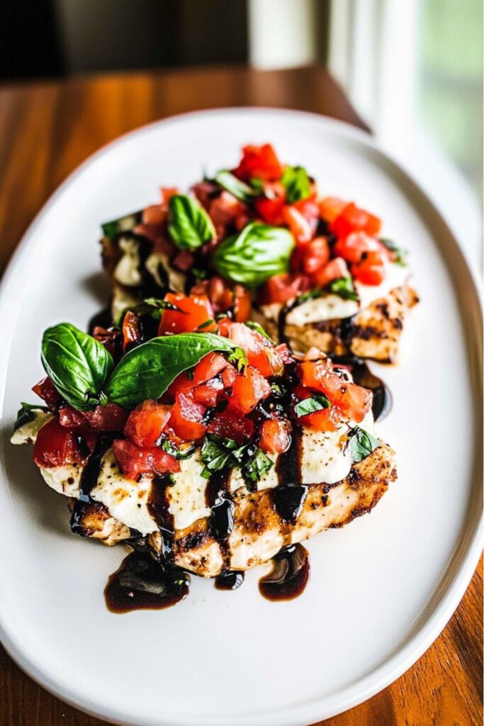 Two pieces of chicken topped with melted cheese and tomatoes, representing classic Italian dishes.