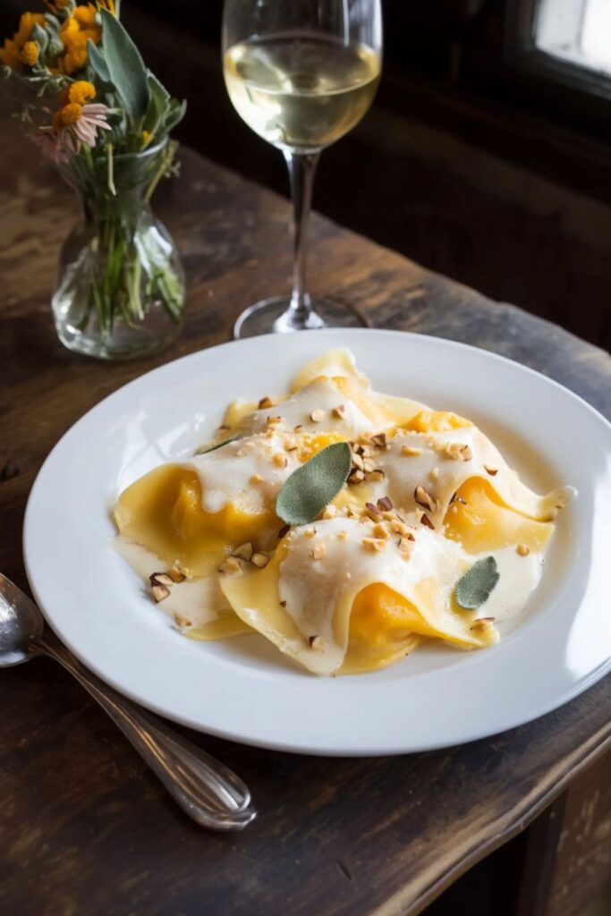 Plated butternut squash ravioli topped with white wine sauce, chopped hazelnuts, and fresh sage leaves.