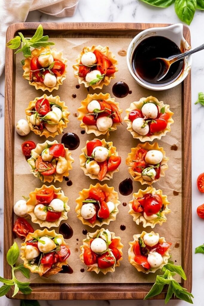 Crisp phyllo pastry shells filled with fresh diced tomatoes, mini mozzarella balls, and basil.