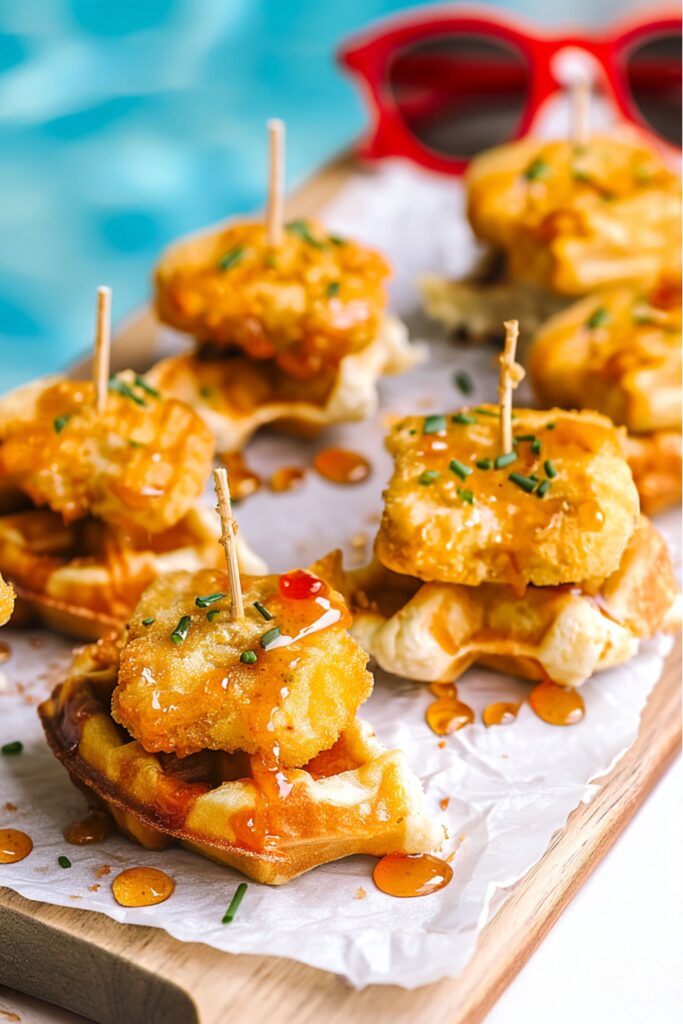 Crispy chicken and waffle bites with hot honey drizzle, a great Patriotic Snack Ideas option.