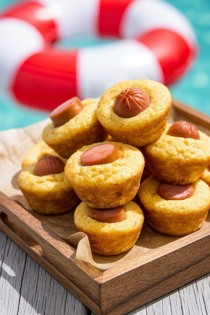 Mini corn dog bites stacked on a wooden tray, a classic 4th Of July Party Food.