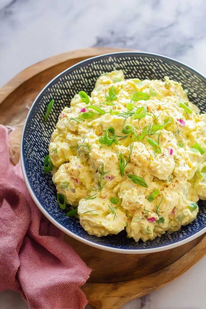 Creamy yellow potato salad topped with green onions as a healthy 4th of july food.