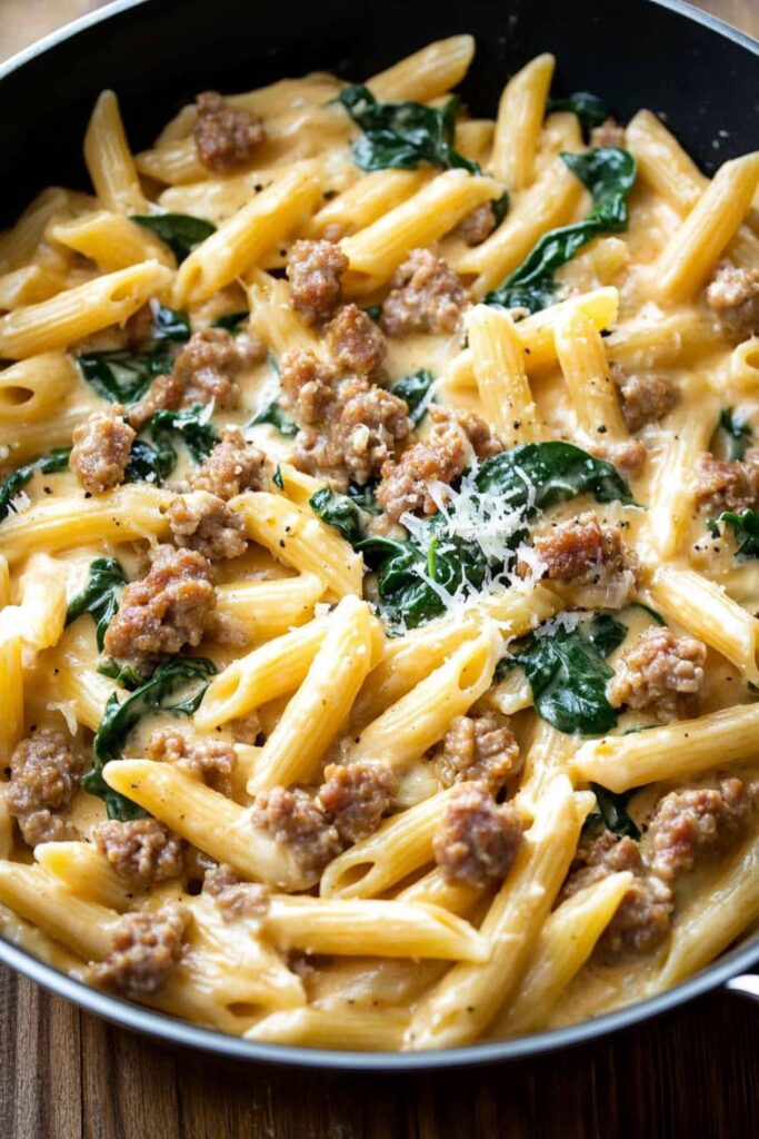 A skillet of creamy penne pasta with sausage and spinach, a standout among Italian dinner.