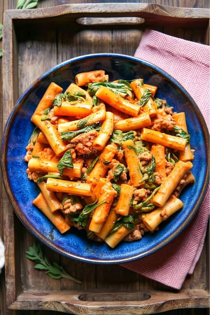 Rigatoni pasta coated in creamy tomato sauce with crumbled sausage and wilted spinach.