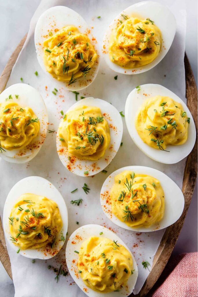 Platter of creamy deviled eggs topped with paprika and dill, a fourth of july food dairy free.