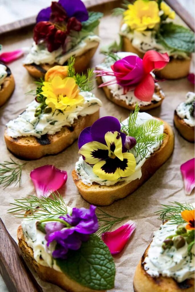 Grilled crostini slices topped with herb cream cheese spread and colorful edible flowers.
