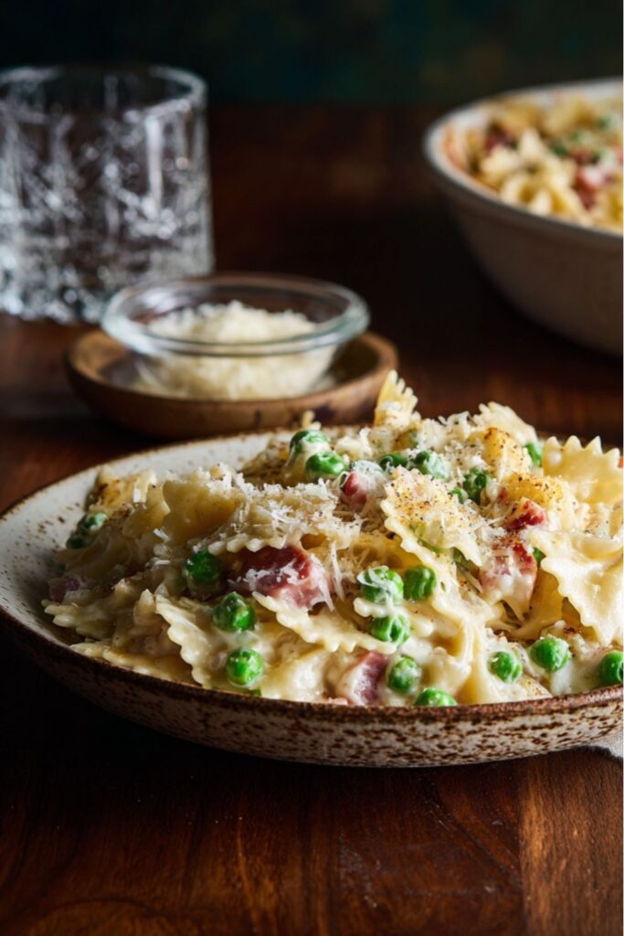 Creamy bow tie pasta with peas and pancetta, a standout among authentic Italian food recipes Italy.