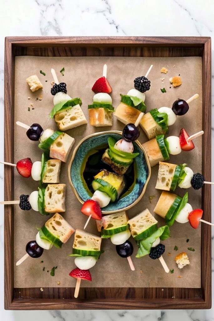 Focaccia skewers arranged in a circle around a bowl of balsamic and olive oil dipping sauce.
