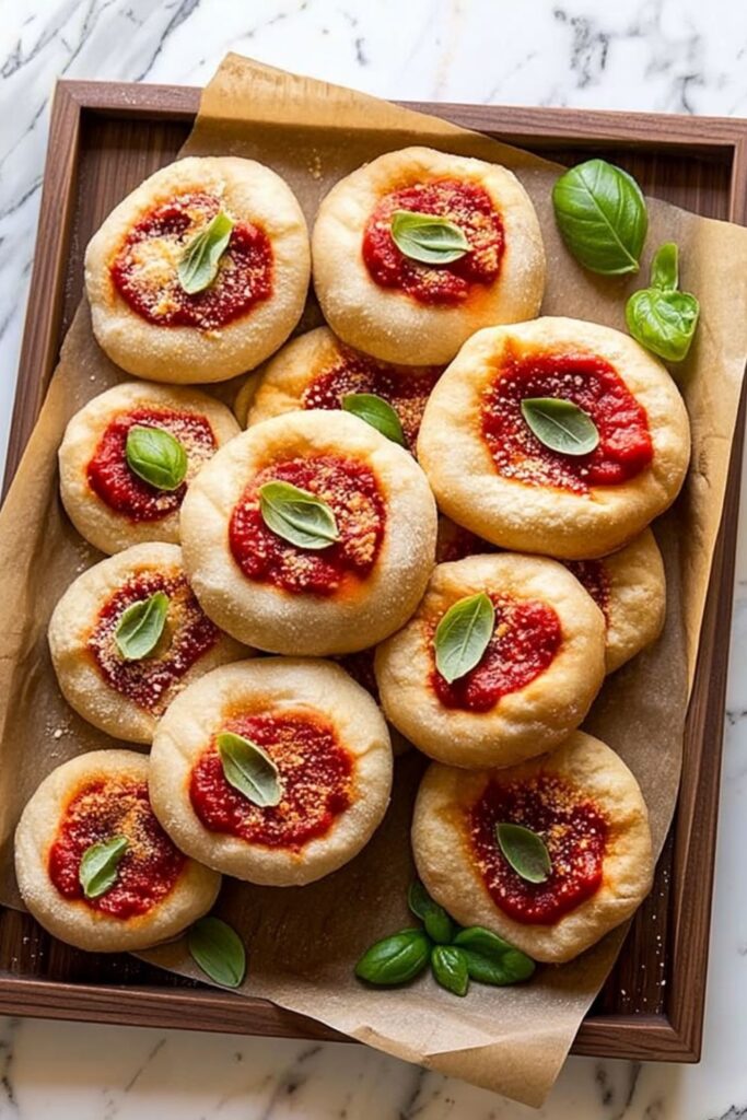 Mini fried pizza rounds topped with rich tomato sauce, grated parmesan cheese, and fresh basil leaves.