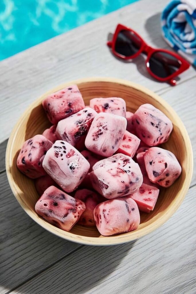 Bowl of frozen berry yogurt cubes, a great Patriotic Party Snack Inspiration for the pool.