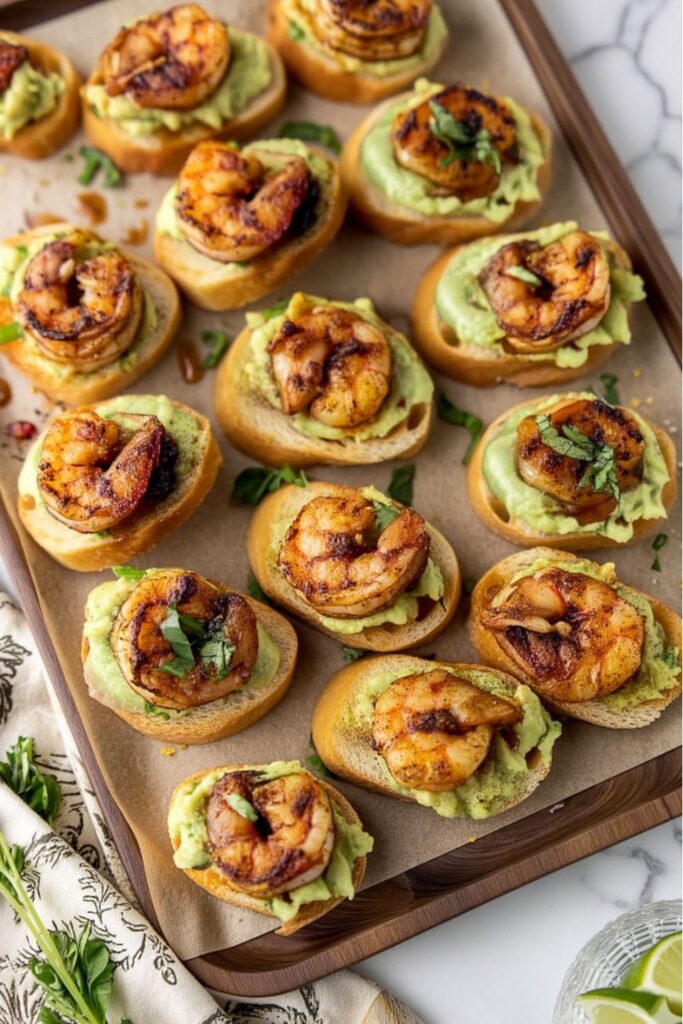 Crispy crostini slices topped with smooth mashed avocado and seasoned, grilled large shrimp.