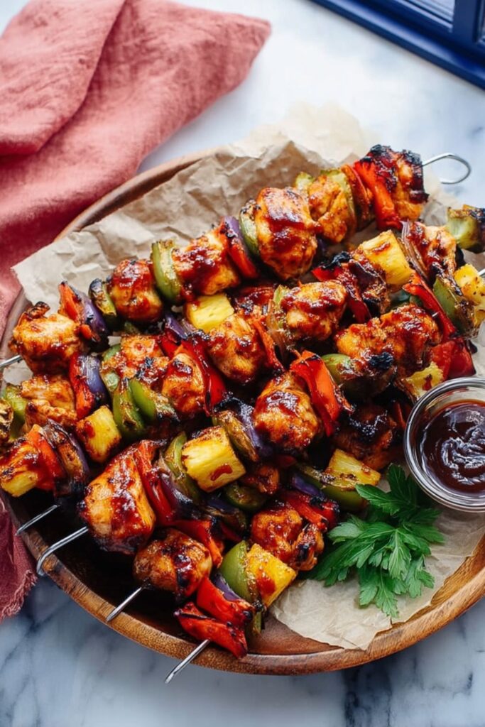Grilled chicken and pineapple skewers on a wooden tray for healthy 4th of July food.