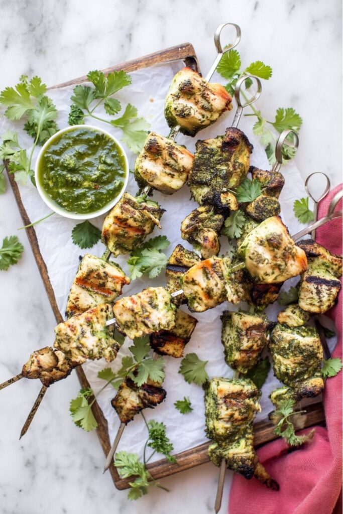 Herb-crusted chicken skewers with green dipping sauce, a great example of whole30 picnic recipes.