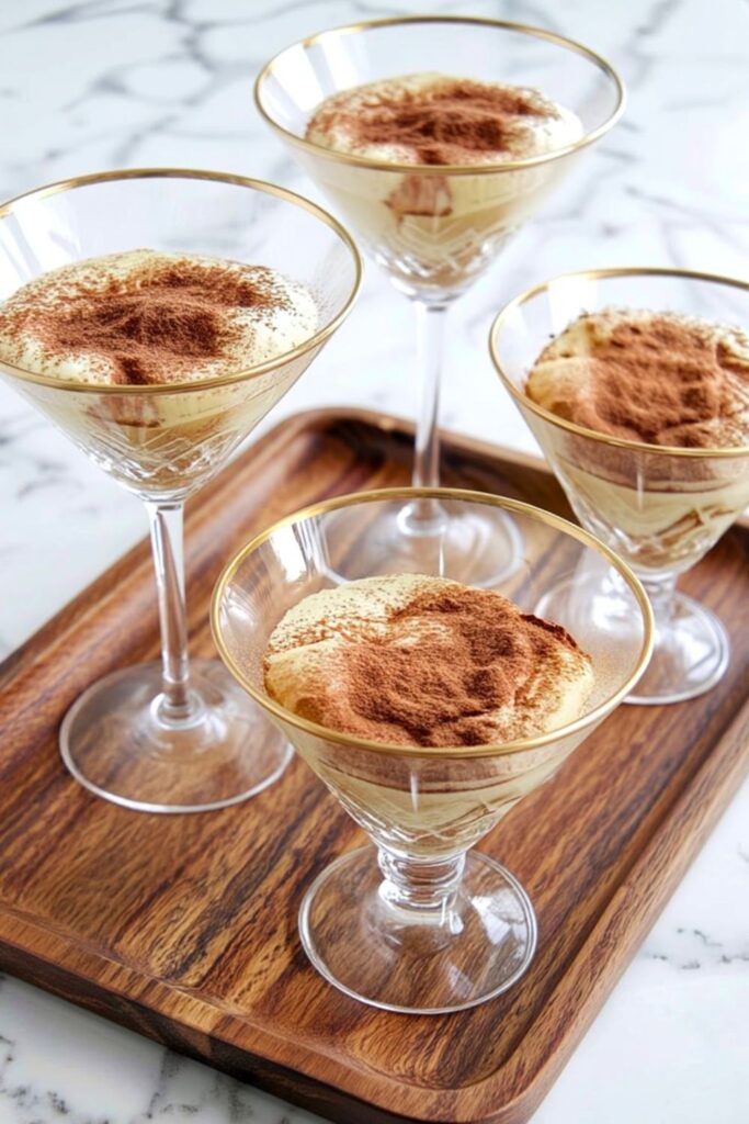 Elegant gold-rimmed martini glasses filled with individual tiramisu layers and dusted with cocoa powder.