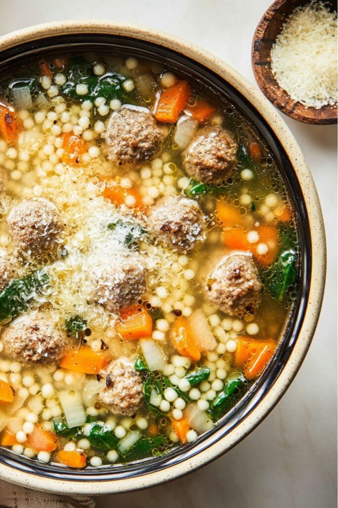 Italian wedding soup with tiny meatballs, carrots, acini de pepe pasta, and fresh spinach.