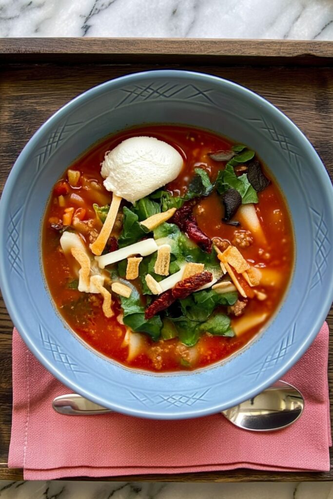A blue bowl of lasagna soup topped with greens and ricotta, a unique Italian dinner.