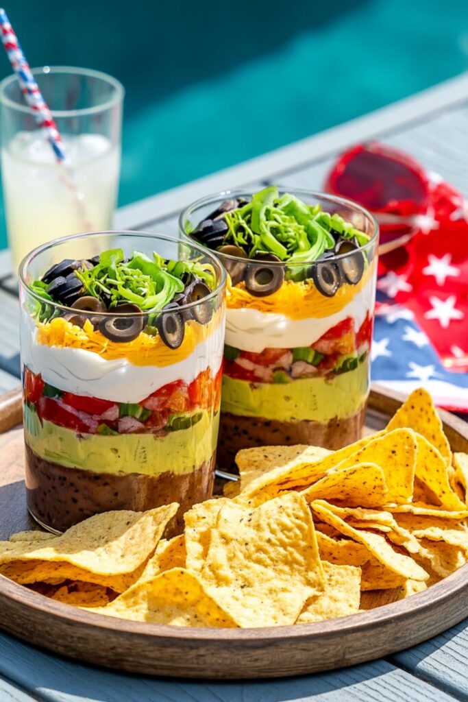 Individual layered taco dips in glasses, a perfect example of 4th Of July Kids Food.