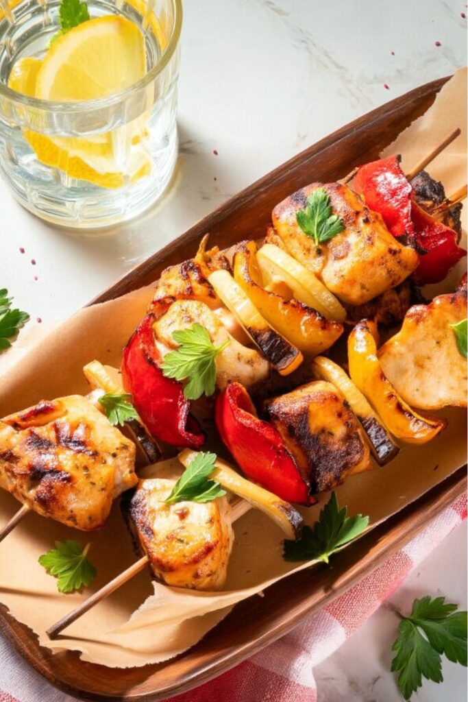 Grilled herb chicken skewers with red peppers on a tray, a whole 30 potluck ideas winner.