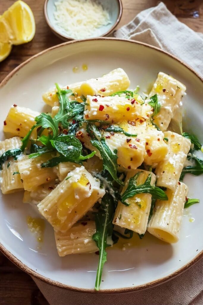 Creamy rigatoni with lemon and arugula, a perfect example of italian-inspired meals.