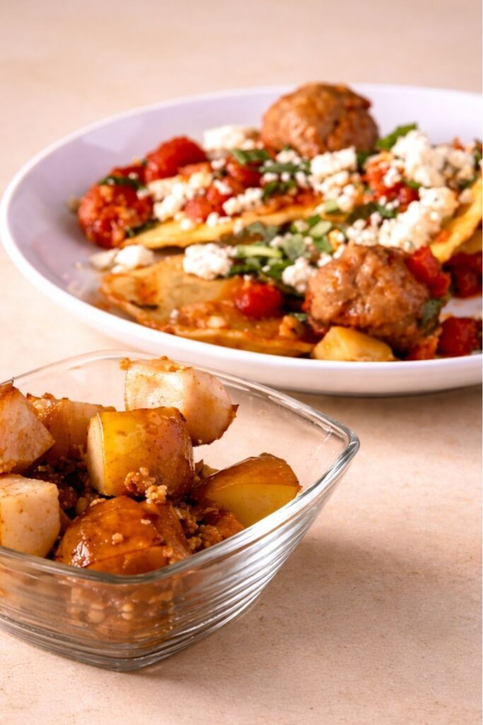 A plate of cheese ravioli with meatballs and feta, a standout among Italian dishes.